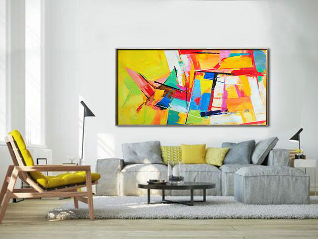Huge Abstract Painting On Canvas,Horizontal Palette Knife Contemporary Art Panoramic Canvas Painting,Large Wall Art Home Decor,Yellow,Red,White,Blue.etc